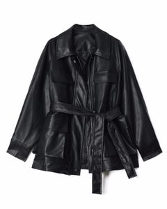 самки верхнего качества для женщин молнии кнопок пояса кожаной куртки Blazer нового DJ Панк кожаной длинного пиджак куртка мотоцикла