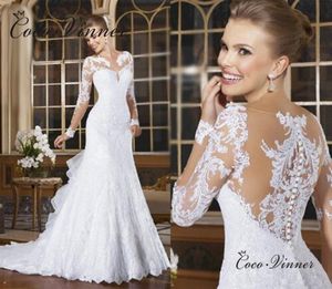 Sheer Neck Illusion Vestidos de Novia 2020 Lace Appliques Långärmad sjöjungfru Bröllopsklänning Brasilien Mariage Bröllopsklänningar W0004