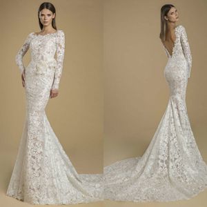 Lace Mermaid Wedding Dresses Long Sleeves Sweep Train Custom Made Wedding Dress with 3D Flower Vestidos De Novia