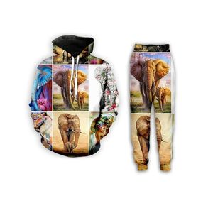 Nuovi uomini / donne Elefante animale Divertente stampa 3D Moda Tute Girocollo Felpa e pantaloni Hip Hop 2 pezzi Set Felpe con cappuccio P19