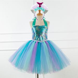 Baby girls cosplay tutu kjolar med huvudband sequined barn dansklänning med båge regnbåge färg barn semester klä upp