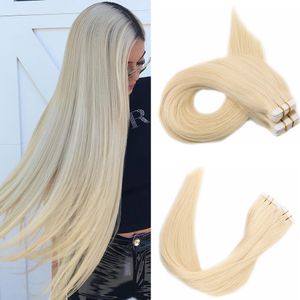 100g 40pcs Silk Straight Tape In Human Hair Extensions 14 16 18 20 22 24 613#Russian Blonde Color