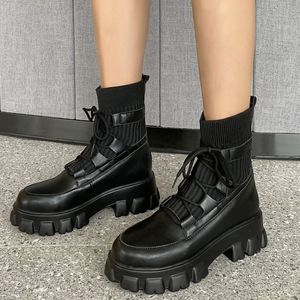 Wholesale chinese flat boots for sale - Group buy Winter Women Lace up Knitting Shaft Anti slip Thick Bottom Ankle Boots New Look Made In China Women Shoes Flat With Big Size