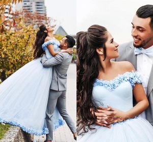 Light Sky Blue Wedding Dresses With 3D Flowers Off The Shoulder Tulle Lace-up Party Formal Dress For Women Vestidos De Quinceanera Long