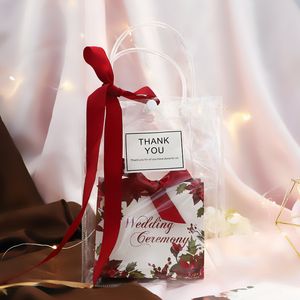 Presentes de casamento para convidados saco de plástico transparente com sacos de presente de caixa de papel com punho arco PVC Clear Bolsa Favores Favores Doces Saco de Açúcar