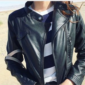 женская топ качество, оригинальный дизайн для женщин стенда воротника кожаной куртки Blazer нового Punk DJ кожа короткой куртки мотоцикла куртки