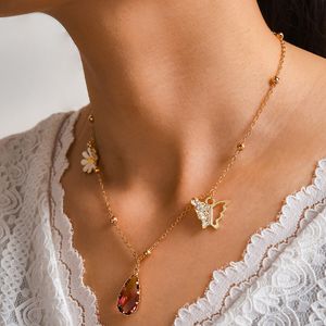 Huatang Boho Crystal Water Drop Butterfly кулон ожерелье для женщин милая ромашка длинная цепочка женских воротков ювелирных изделий на шее