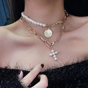 Jewelry pearl cross Queen coin pendant necklace female personality short neck chain