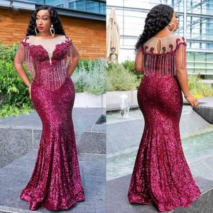 New Red Fuchsia Aso Ebi Bling Sequins Aftonklänningar Slitage för kvinnor Mermaid Cap Sleeves Sequined Lace Beading Formell Prom Dress Party Gowns