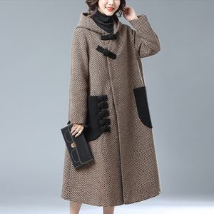 Fashon женщин Длинный с капюшоном верхней одежды однобортный пальто Cape стиль женщина шерсти куртки вскользь тонкой шерсти пальто