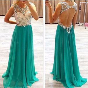 Ny Sexig Hunter Sheer Chiffon Long Prom Klänningar Beaded Rhinestones Top Backless Floor Length Party Evening Dresses