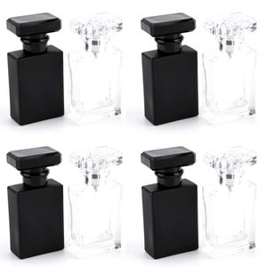 30ml / 1オンス。詰め替え可能な香水ボトル、正方形の空のガラス香水アトマイザーボトルスプレーアプリケーター、透明、黒い詰め合わせ