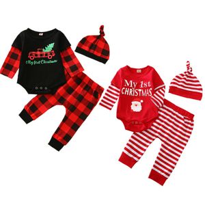 Yeni Doğmuş Çocuk Yılbaşı Kıyafetleri toptan satış-0 m bebek yeni doğan erkek bebek kız şerit ekose Noel kıyafetleri patchwork kollu mektup romper elastik bel pantolon seti