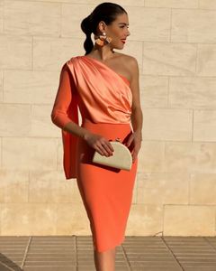 ローブ・デ・ソリー新しい長袖短いカクテルパーティードレスケープワンショルダー女性2020フォーマルセクシーなオレンジ色のプロムガウン358m