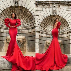 2021 Crystal Mermaid Evening Dresses Beads High Collar Long Sleeve Prom Dress Sexy Backless Sweep Train Party Wear robes de soirée