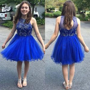 2021 Royal Blue Homecoming Dresses Short Hollow Back Tulle Beaded Crystals Custom Made Above Knee Mini Cocktail Party Gown