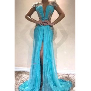 Nya turkos Sequined Lace Evening Dresses Wear Backless Cap Sleeve Deep V Neck-sekviner Split Chiffon Mermaid Formella Prom Dress Party Gowns