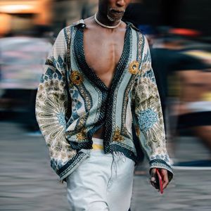 Fjäder Digital Tryckt skjorta Mode Mens Bohemian Shirts Homme Design V Neck Tops Blouse