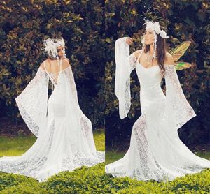 Vintage Medieval Victorian Mermaid Wedding Dress 2021 Full Lace Bell Long Sleeve Gothic Outdoor Fairy Country Boho Beach Bridal Gowns AL7101