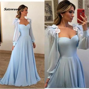 Elegant Light Blue Feather Evening Dress A Line Long Sleeves Plus Size Floor Length Evening Gown robe de soiree abendkleide