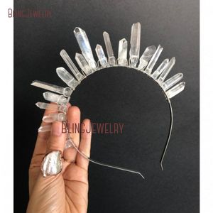 Fermagli per capelli Barrettes Mezza corona di cristallo [raw Clear Quartz Moon Child Goddess Headpiece Tiara Bridal Headband HJ33538