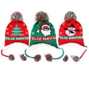 2021 Vinter Håll varma barn Xmas Earcuff Hat Christmas Style Stickade hattar Santa Claus Snowman Trees Double Side Baby Caps Fur Balls
