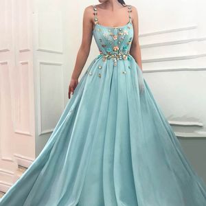 2021 Sexy Spaghetti Straps Prom Klänningar En Linje 3D Blommor Beading Top Ärmlös Evening Party Gowns Lång Special Occasion Dress