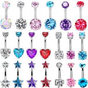 1 2Piece crystal belly button piercing 14G zircon heart belly bar cute navel piercing jewelry shiny navel bar cartilage earring