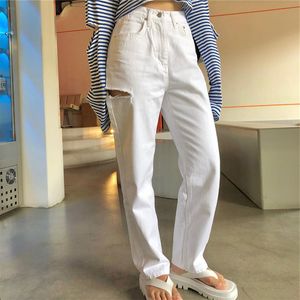 Damskie Dżinsy Kobiety Ubrania Zgrywanie Otwór Proste Spodnie Nogi Streetwear Wysoka Talia Trendy Slouchy Denim Spodnie Kobiet Chłopak Biały