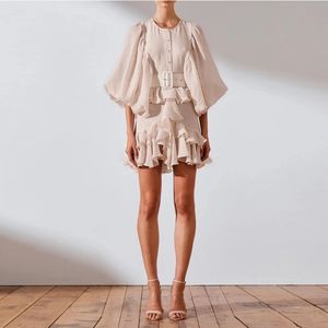 Fashion- Australian trendy catwalk style Vintage-style pleated multi-level flowing lantern sleeve belt dress