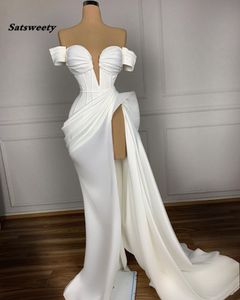 2023 Plus Size White Evening Dresses Long Dubai Mermaid Prom Dresses Women Party Night High Cut Celebrity Gowns Robe Femme