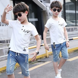 Esporte ternos adolescentes verão meninos roupas conjuntos de manga curta camiseta furo jeans casual 3 5 7 9 10 12 13 anos criança criança roupas