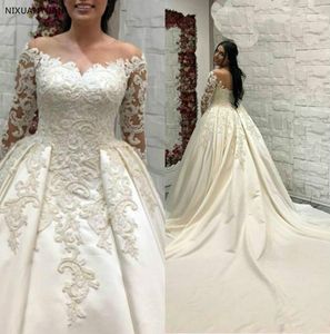 Saudi Arabic Lace Ball Gown Satin Wedding Dresses Long Sleeves Scoop Neck Bridal Gowns Cathedral Train Plus Size Wedding Gown