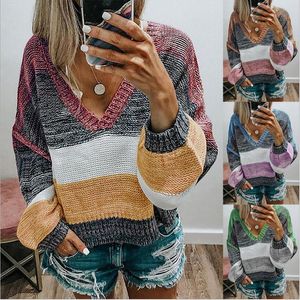 Maglioni lavorati a maglia da donna Pullover a maniche lunghe con scollo a V Maglioni colorati con giunture Swinte Maglione femminile Maglioni allentati casuali LSK1256