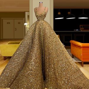 Luksusowe złote, błyszczące sukienki wieczorowe 2021 Długie koraliki Wspaniała wspaniała sukienka z czerwonego dywanu Formalne suknie balowe eleganckie vestido de novia