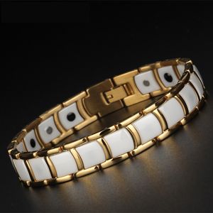 Men Black White Ceramic Health Bracelet Germanium Magnet Bracelet Bangle Gold-Color Stainless Steel Male Bracelet Jewelry