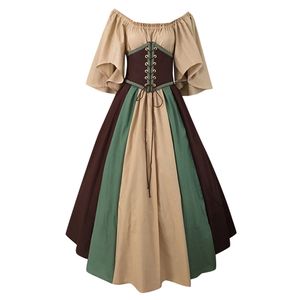 Women Dresses European Medieval Vintage Gothic Patchwork Slash Neck Tunic Corset Long Dress For Cosplay Stage T200911