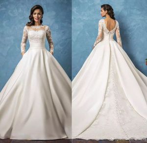 Amelia Sposa 레이스 웨딩 드레스 2024 신부를위한 주머니 긴 소매 보석 목 스윕 기차 얼룩 줄 신부 가운