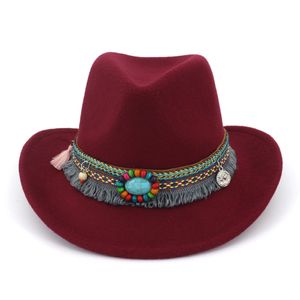 Handmade Aba larga Cowboy Fedora de feltro de lã Jazz Hat Cap Decor fita étnico Homens Mulheres Carnaval Chapéus para Unisex