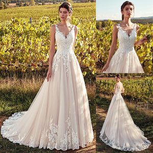 Elegante tulle v-pescoço decote a linha vestidos de noiva com laço apliques nus rosa piso-comprimento nupcial vestido vestido de noiva 2019