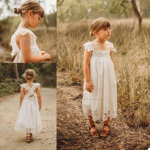 Princess Flower Girls' Dresses Square Neck Appliques Lace Kids Formal Wear Custom Made Hollow Back Tea-Length First Communion Gowns