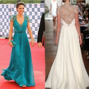 Kate Middleton Fashion Evening Dresses Long 2021 Formal Celebrity Red Carpet Dress Lace Chiffon Prom Party Gowns Cap Sleeves with Beads Sash