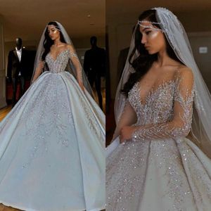 Luxury arabic dubai Plus Size Ball Gown Wedding Dresses Sheer Neck Crystals Beads Sequin Floor Length Wedding Dress Bridal Gown
