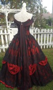 Gothic Belle Red Black Lace Ball Gown Wedding Dresses Vintage Lace-up Corset Steampunk Sleeping Beauty Off Shoulder Plus Size Brid294r