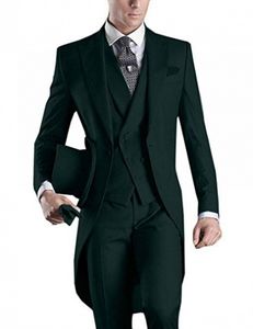 Morning Style Men Suits Dark Green Groom Tuxedos Peak Lapel Groomsmen Wedding Best Man 3 Pieces ( Jacket + Pants +Vest + Tie ) L600