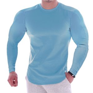 Новый конструктор тройника способа Mens сплошной цвет вокруг шеи длинный рукав футболки Gym Длинные футболки Casual Male Quick Dry Slim Fit