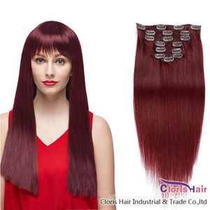 #99J Burgundy Straight Clips In On Extensions Thick End 70g 100g 120g Wine Red Raw Indian Remy Human Hair Weave Clip Ins For Black Women