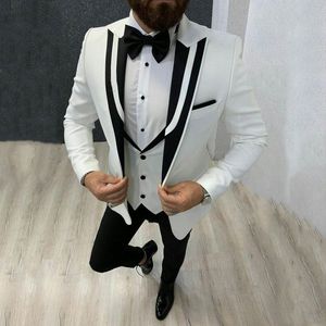 Populär One Button Ivory Groom Tuxedos Peak Lapel Groomsmen Mens Passar Bröllop / Prom / Dinner Blazer (Jacka + Byxor + Vest + Tie) K543