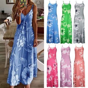 Frauen Boho Spaghettiträger Blumen Sling Kleid Vintage Blumendruck ärmellose lange Maxikleider Sommer Strand Urlaub Sommerkleid