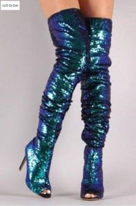 2019 Блеск женские ботинки Bling Bling Bling Sequin Вереток Тонкий каблук над коленами высокие сапоги женские женские туфли для вечеринок Beavin Booties женщин боевой ботинок Z0HB #